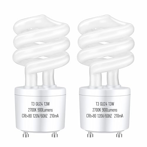 Image of GU24 13Watt 2700K 900lm CFL Light Bulbs, T3 Spiral Gu24 Base 2 Prong (60W Equivalent) Soft White Compact Fluorescent Light Bulbs, UL Approved, 120v 60Hz, Self Ballasted, Indoor Use (2 Pack)