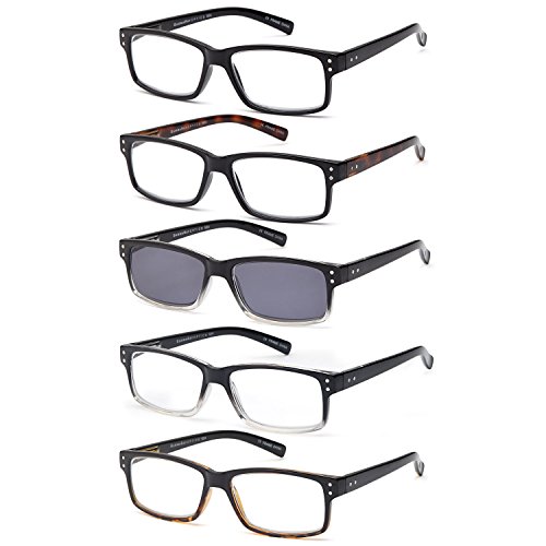 Gamma RAY Readers 5 Pack Unisex Vintage Readers with Sun Reader Flexible Spring Hinge Reading Glasses for Men and Women – 1.50x