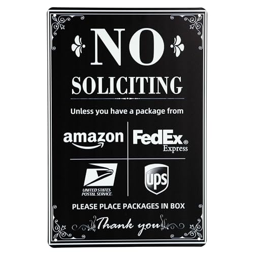 NO SOLICITING Decorative Sign Chic Metal Delivery Sign for Outdoor Yard Front Door or Indoor office Room Wall Decor to Discourage Unwanted Visitors- PLEASE PLACE PACKAGES IN BOX (Color01)