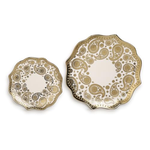 Image of Timeless Elegance Dinner Set, White & Gold, 18 Piece | Gold Plated, Porcelain Crockery with Scalloped Rim, For 6 People, 6 Dinner Plates, 6 Quarter Plates & 6 Veg Bowls, DSS02