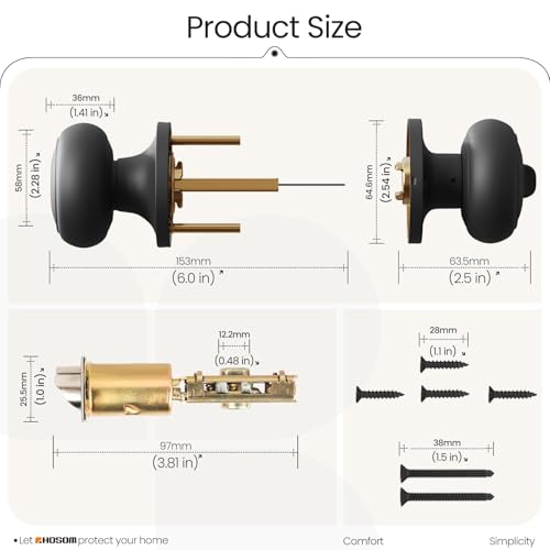 HOSOM Privacy Door Knob, Matte Black Door Knob Set, Black Door Handles Interior, Keyless Doorknobs Interior Door Lock for Bedroom, Bathroom, 1 Pack