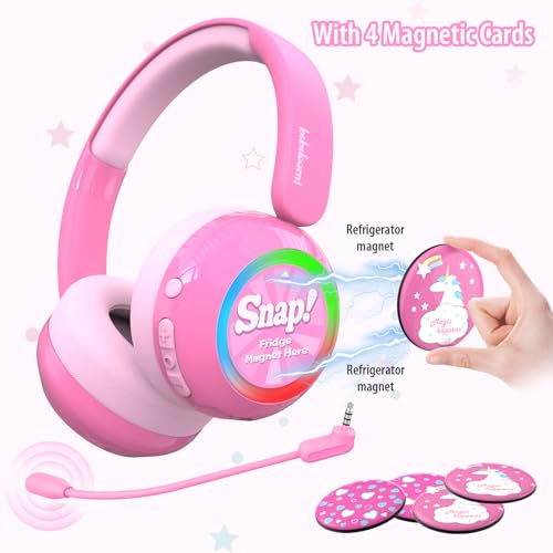 JBUNION Bluetooth Kids Headphones, Girls Wireless Headphones with LED Light, 75/85/94dB Volume Limit, Micphone, Unicorn Card, Pink Foldable Toddler Teens Headset for Travel/iPad/Plane — view 5