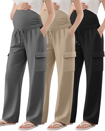 Sweetyweee 3 Pack Women's Maternity Cargo Pants with 4 Pockets,