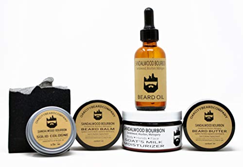 OakCityBeardCo. - Sandalwood Bourbon - Combo Set - Solid Cologne - Beard Oil - Beard Butter - Beard Balm - Body Moisturizer - Activated Charcoal & Clay Soap