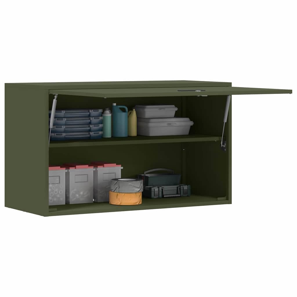 Armario de pared para garaje con puerta de elevación de gas, color verde oliva – Elevador de gas para almacenamiento de garaje para estructura de acero resistente y ahorro de espacio en la
