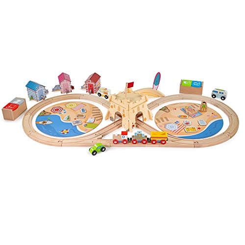Bigjigs Rail, Coastal Clean UpTrain Set, Wooden Toys, Wooden Train Set, Wooden Toys for 3 4 5 6 Year Olds, Train Toy, Wooden Train Track, Traditional Train Set