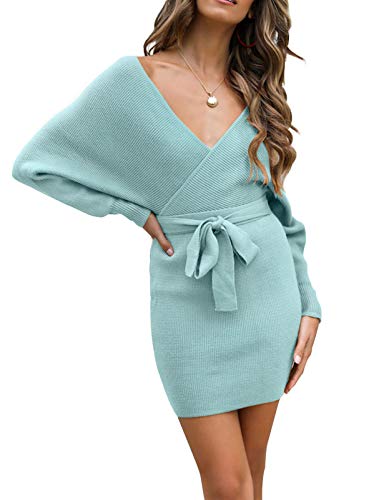 ZESICA Women s Long Batwing Sleeve Wrap V Neck Knitted Backless Bodycon Pullover Sweater Dress with Belt,Aqua,Small