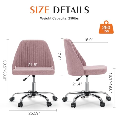 Image of Sweetcrispy Armless Vanity Chair, Cute Comfy Home Office Desk Chair with Wheels, Modern Upholstered Task Computer Seat for Bedroom, Study, Makeup Vanity, Height Adjustable & Swivel Fit, Dusty Pink