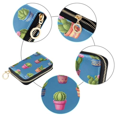 9 Credit Card Slots & 2 Cash Slots Small Women's Wallet Leather Coin Purse Pouch with Zipper Colorful Cacti Succulents Flowers Blue4