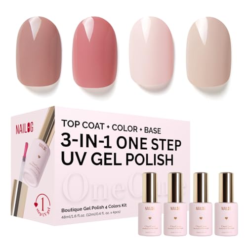 NAILOG Gel Nail Polish Set - 4 Colors Top Coat Color Gel Base 3-In-1 Soak Off UV Gel Polish Kit for