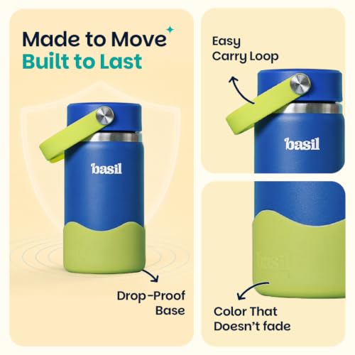 Image of Basil HydraRush Stainless Steel Insulated Kids Water Bottle for School, 380ml Leakproof Bottle with Carry Handle, Double Wall Vacuum Thermosteel Bottle for School, Sports, Travel & Outdoor Use | Oasis