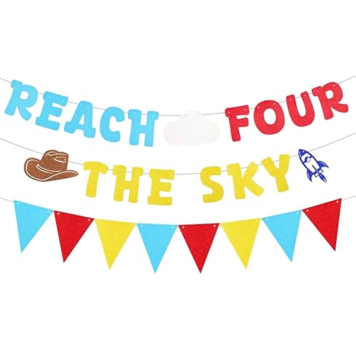 Reach Four The Sky Banner Toy Inspired Story 4th Birthday Party Decorations With Yellow Blue Red Glitter Triangle Pennant Flag Streamers Photo Prop For Boys Girls 4th Birthday Supplies