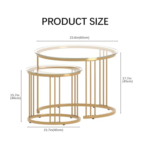 Garden 4 you Nesting Coffee Table, 23.6" Round Coffee Table Set of 2, Glass Nesting Table with Metal Frame, Ceter Tables for Living Room Bedroom Balcony, Gold - Image 3
