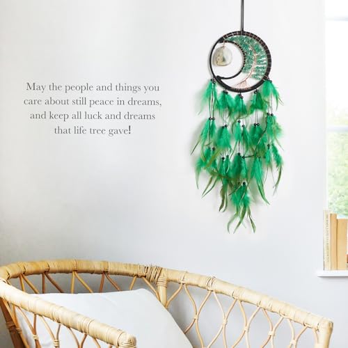 Dreamlike Moon Dream Catchers Wall Decor Crescent Tree of Life Chakras Dream Catcher with Agate & Crystal Stone Handmade Green Feather Dreamcatchers Wall Hanging for Girls Bedroom Blessing Gift - Image 6