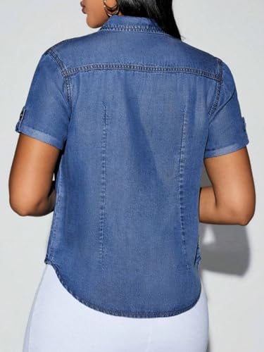 Denim Shirt Women Short Sleeve Button Down Flap Pocket Casual Business Jean Shirts3