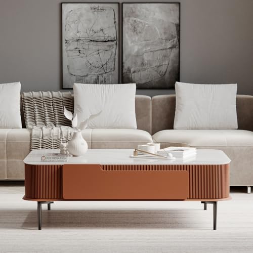 Image of DecorNation Valencia Faux Marble Coffee Table Blush Coral | Stylish Center Table with Storage Drawers | PVD Coated Metal Legs | Modern Accent Furniture for Living Room, Lounge & Home Decor