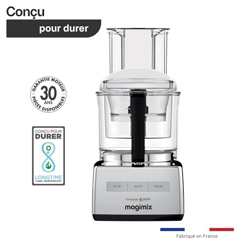 Magimix Robot de Cuisine Multifonction 5200 XL – Hachoir, Blender, Pétrin, Batteur – Accessoires Inclus – Idéal pour Famille – Moteur Professionnel Silencieux 3,6L - Fabriqué EN FRANCE (Chrome)