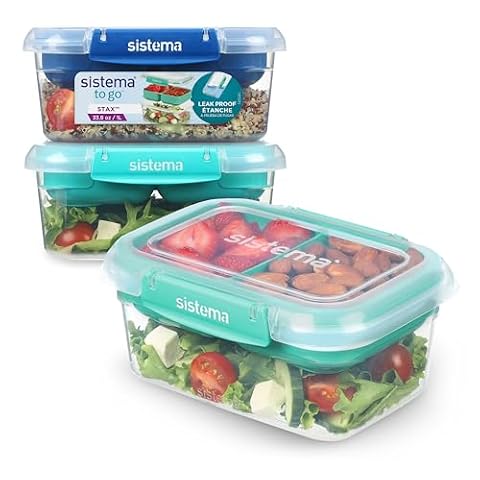 Sistema TO GO Stax Szczelne pojemniki do przechowywania żywności, 1 l, hermetyczne i nadające się do układania w stos, z pokrywkami, szkolne pudełka na lunch, bez BPA, 3 szt., miętowy morski