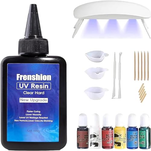 Frenshion Mini lámpara de resina ultravioleta, fórmula actualizada 100g resina ultravioleta dura de baja viscosidad + pigmento de color + herramienta de fabricación de joyas, proceso DIY