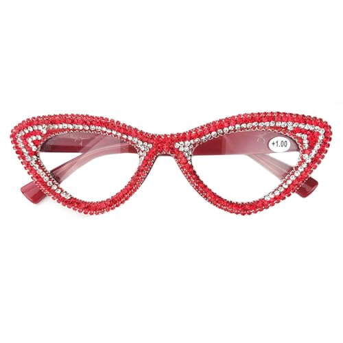 willochra Cat Eye Rhinestone Reading Glasses for Women Sparkling Crystal Eyewear Frames Trendy bling Diamond Reader F25 (red, 2.25, x)