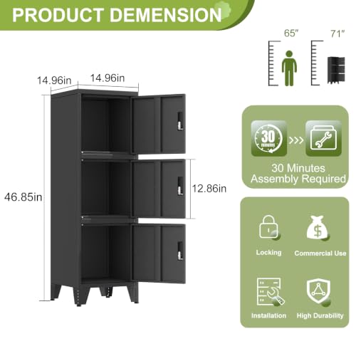Image of 3 Tier Metal Storage Locker, 46.85 inch Narrow Vertical Steel File Cabinet