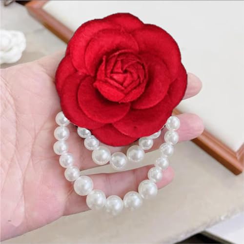 Image of Fabric Camellia Flower Brooch Pins Pearl Tassel Brooches Hair Hairpin Headpieces Shawl Clips Shirt Jacket Wedding Clothes Accessories Jewelry for Women Fashion