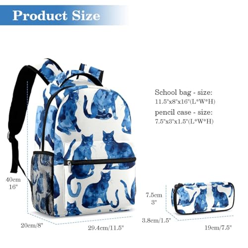 Sac d'école avec trousse à crayons chat bleu grande capacité - 2