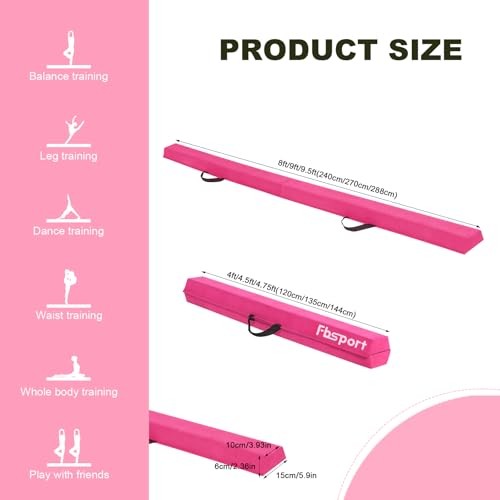 FBSPORT 9ft Balance Beam Folding Gymnastics Beam Foam Balance Floor Beam Equipment for Kids Adults, Suede Cover Anti Slip Base with Carry Bag for Home School Gym Training, Pink by FBSPORT - Used condition - Image 3