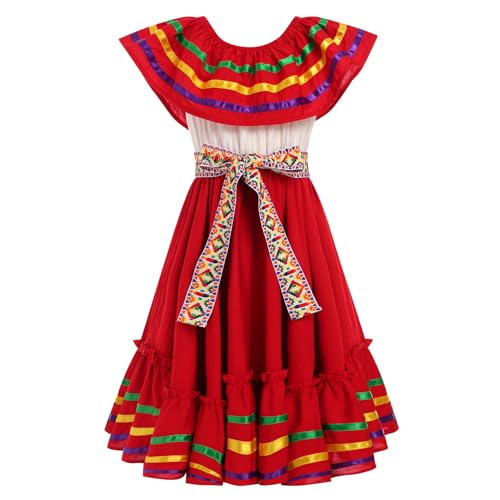 IKADEX Girls Traditional Mexican Dress Off Shoulder Striped Cinco de Mayo Party Dresses with Belt2