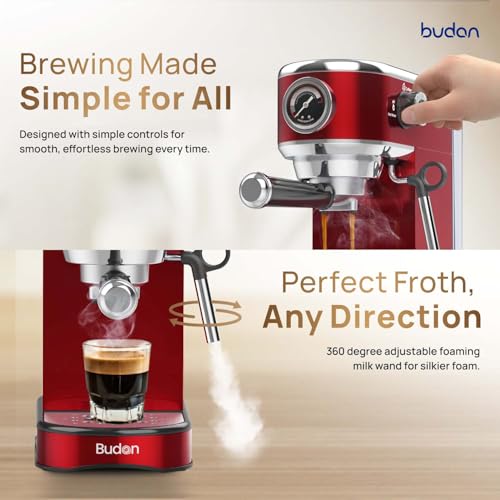 Image of Budan Bolt Espresso Coffee Machine | 19 Bar Pressure Indicator | Milk Frother Wand for Cappuccino, Latte | 1450W Quick Heating | Stainless Steel | Glossy Red | 1-Year Home Use Warranty