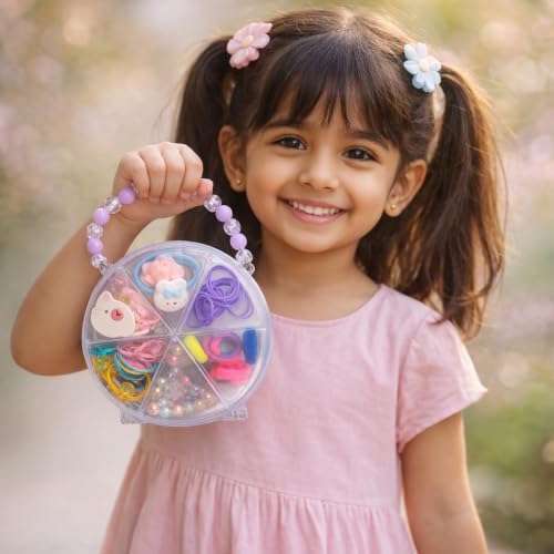 Image of Hair Accessories for Kids Girls | Purple Beaded Handle Box with Character Hair Ties, Rubber Bands & Beads | Hair Accessories for Baby Girl | Cute Hair Ties Set for Kids | Mixed Designs