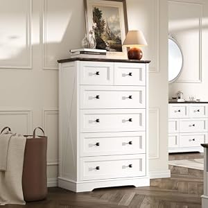 Farmhouse 6 Drawers Dresser Chests for Bedroom, White 6 Chest of Drawers, Wood Dressers Organizer for Closet, Modern Storage Organizer Cabinet for Bedroom,Living Room,Hallway & Entryway Farmhouse 6 Drawers Dresser Chests for Bedroom White 6 Chest of Drawers Wood Dressers Organizer for Closet Modern Storage Organizer Cabinet for BedroomLiving RoomHallway Entryway