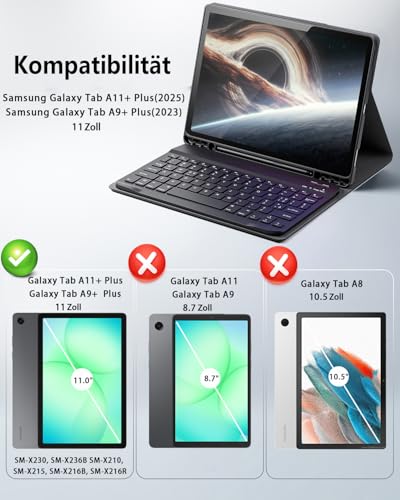 für Samsung Galaxy Tab A11+ PLUS (2025)/Tab A9+ Plus (2023) Hülle 11 Zoll mit aufladbarer kabellose Bluetooth Deutsche Zeichen Tastatur (QWERTZ) und Maus, Schlitzhülle Magnetisch Keyboard case Schwarz