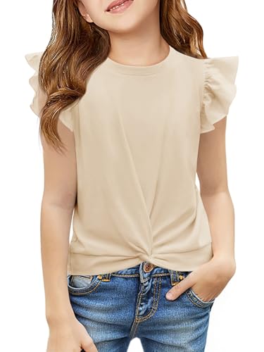 Image of Haloumoning Girls Ruffle Sleeve T Shirts Summer Crewneck Shirt 5-14 Years