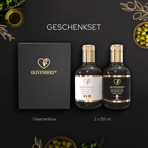 Olivenherz® | Italienisches Olivenöl | Natives Olivenöl Extra | Premium Qualität | Geschenkset & Probierset | 100% Sortenrein aus Coratina & Taggiasca Oliven | 2 x 250 ml Glasflaschen