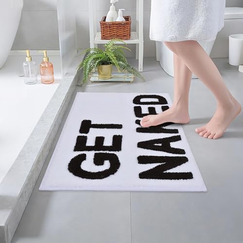 Image of Zeeinx Get Naked Bath Mat Cute Bathroom Rugs Non Slip Microfiber Bath Rugs Funny Bathroom Decor Machine Washable White Bath mat for Tub and Shower,16 inchx24 inch