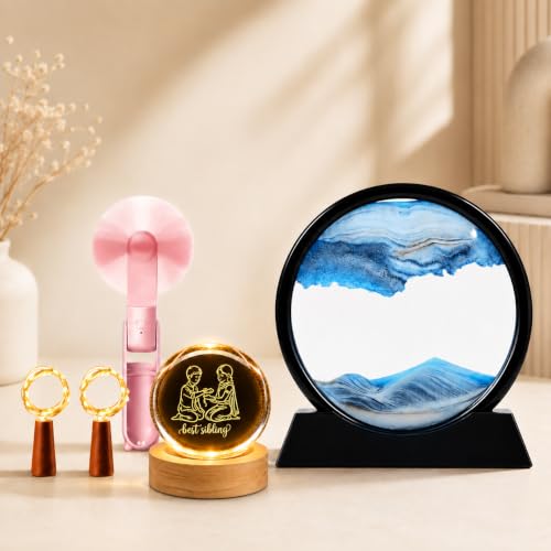 Image of Desidiya Raksha Bandhan Gift Combo for Brother & Sister, 5 Pcs Gift Set | LED Crystal Ball Lamp, Sand Art Lamp, USB Rechargeable Fan & Decor Lights | Unique Add-On Gift for Rakhi