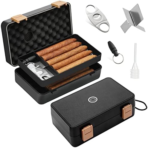 Travel Cigar Humidor Box Case Double layer design with Cigar Accessories Hygrometer&Spanish Cedar &Humidifier &Cigar Cutter & Cigar Stand &Cigar Punch CutterHold 8-10 Count -Cigar Waterproof Case, Crushproof, Airtight Seal Portable Separate storage space for accessories