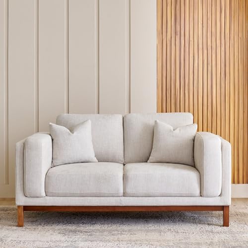 Image of Home Centre | Lansbury NXT Fabric 2-Seater Sofa with Cushions | Sofa for Living Room | Solid Wood | Beige | 1 Year Warranty