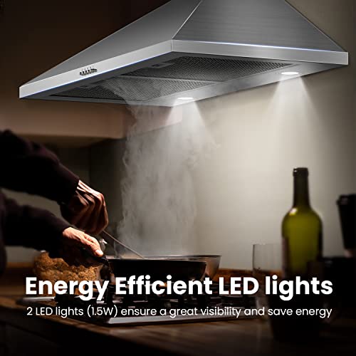 Comfee CVP30W4AST 30 Inch Ductless/Ducted Convertible Pyramid 350 CFM Wall Mount Vent Stainless Steel Kitchen 3 Speed Exhaust Fan, 5-Layer Aluminum Permanent Filters, Two LED Lights Range Hood