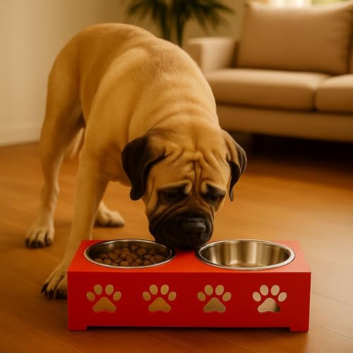 Image of Metal Red Stylish Dog Bowl Stand | 2 Stainless Steel Bowls for Raised Dogs & Cats | Elevated Dog Food Removable Bowls | Pet Feeder & Water Dispenser for All Breeds Paw Design (Set of 2, Each 1600ml)