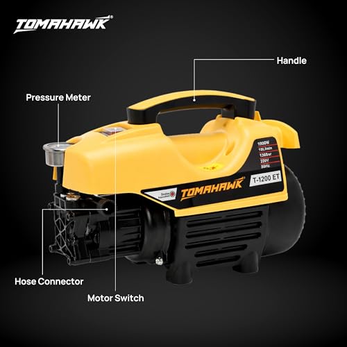 Image of Tomahawk T-1200 Induction Motor Pressure Washer - 120 Bar High Pressure, 1300W Deep Cleaning Power | 1-Line Compact Washer with 8m Hose, Pressure Gauge & Foam Bottle for Car, Bike & Home