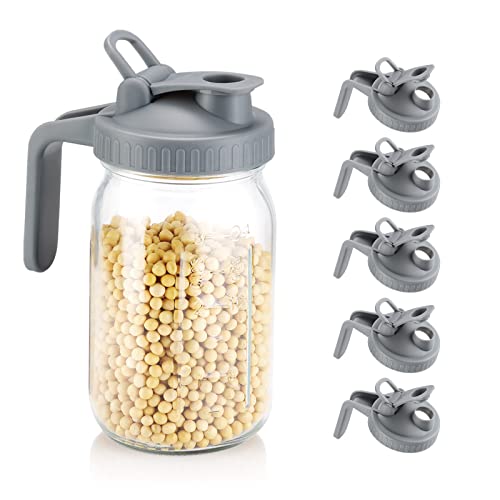 Wide Mouth Mason Jar Lids With Handle, Plastic Mason Jar Pour Spout Lid, Reusable Flip Cap Lid, Canning Lids With Leak-Proof Airtight Seal Grey (Including 6 Lids, Excluding Jar) #TOP14
