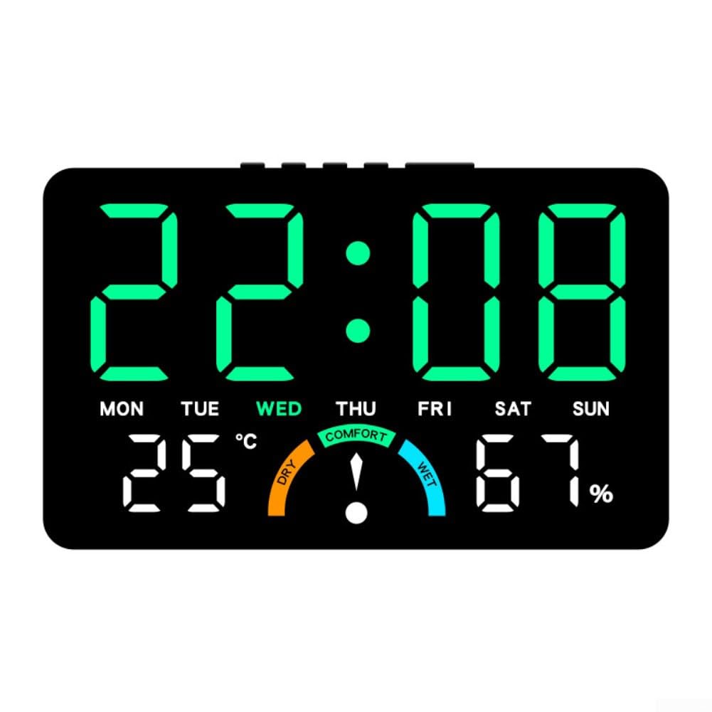 YobiLife Large Digital Wall Clock, LED Digital Clock Large Screen Display with Time Day Temperature Humidity Alarm Comfort Level Wall Mount or Desk Clock with Detachable Bracket(Green)