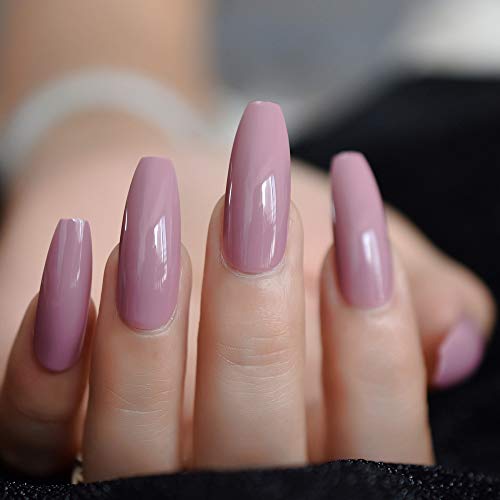 Shiny PaleVioletRed Coffin False Nail Soild Color Salon Smooth Long Nail Tips DIY Shiny Daily Ballerina Nails
