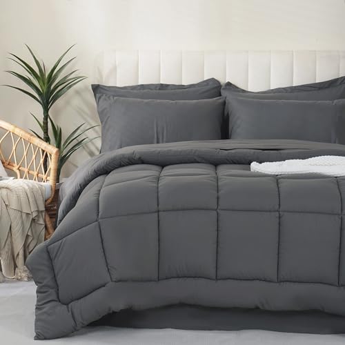 DOWNCOOL King Size Comforter Set, 7Pcs Bedding Comforter Sets Grey, All Season Down Alternative Bedding Comforter Sets with Comforter, Flat Sheet, Fitted Sheet, 2 Pillow Shams & 2 Pillowcases