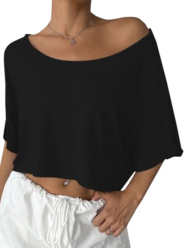 Remidoo Womens Off The Shoulder Short Sleeve Crop Top Asymmetrical Neck Loose Tshirt