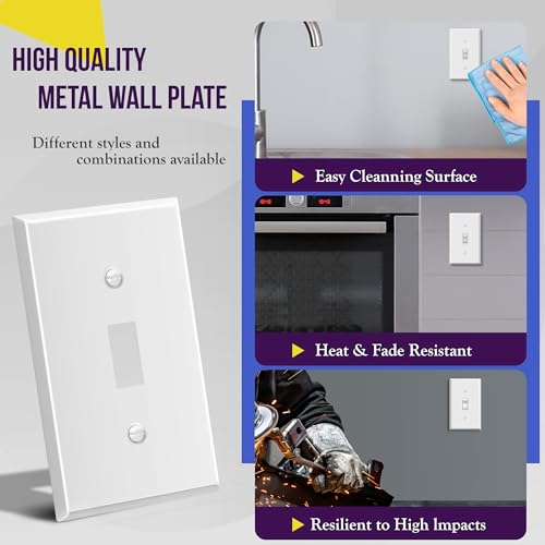 Image of ENERLITES Toggle Light Switch Metal Cover Plate, Wall Plate, Corrosion Resistant, Standard Size 1-Gang 4.50 inch x 2.76 inch, Powder Coated Stamped Steel, 7711-WM, White Matte | Fits standard toggle switches; Rust-proof stamped steel; Smooth matte finish; Standard 1-gang; 7711-WM