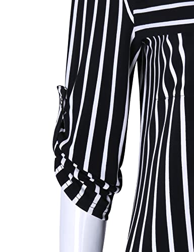 Bulotus Business Casual Outfits For Women Collared V Neck 3/4 Sleeve Front Zip Shirts Loose Fit Tunic Blouses Dressy Work Shirts For Women Business Professional, Black Stripe, Medium #TOP4