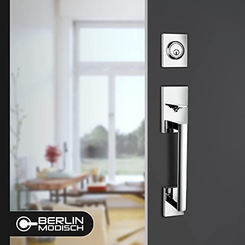 Image of Berlin Modisch HandleSet Front Door Entry Handle and Deadbolt Lock Set Slim Square Single Cylinder Deadbolt and Lever Reversible for Right & Left Sided Doors Heavy Duty - Polished Chrome Finish